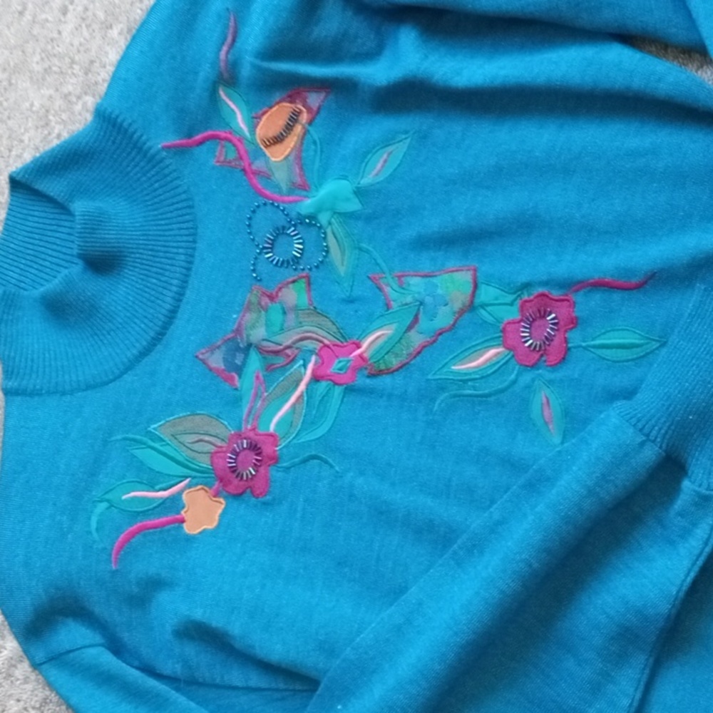 Vintage 80s dark teal applique and beaded mock neck sweater